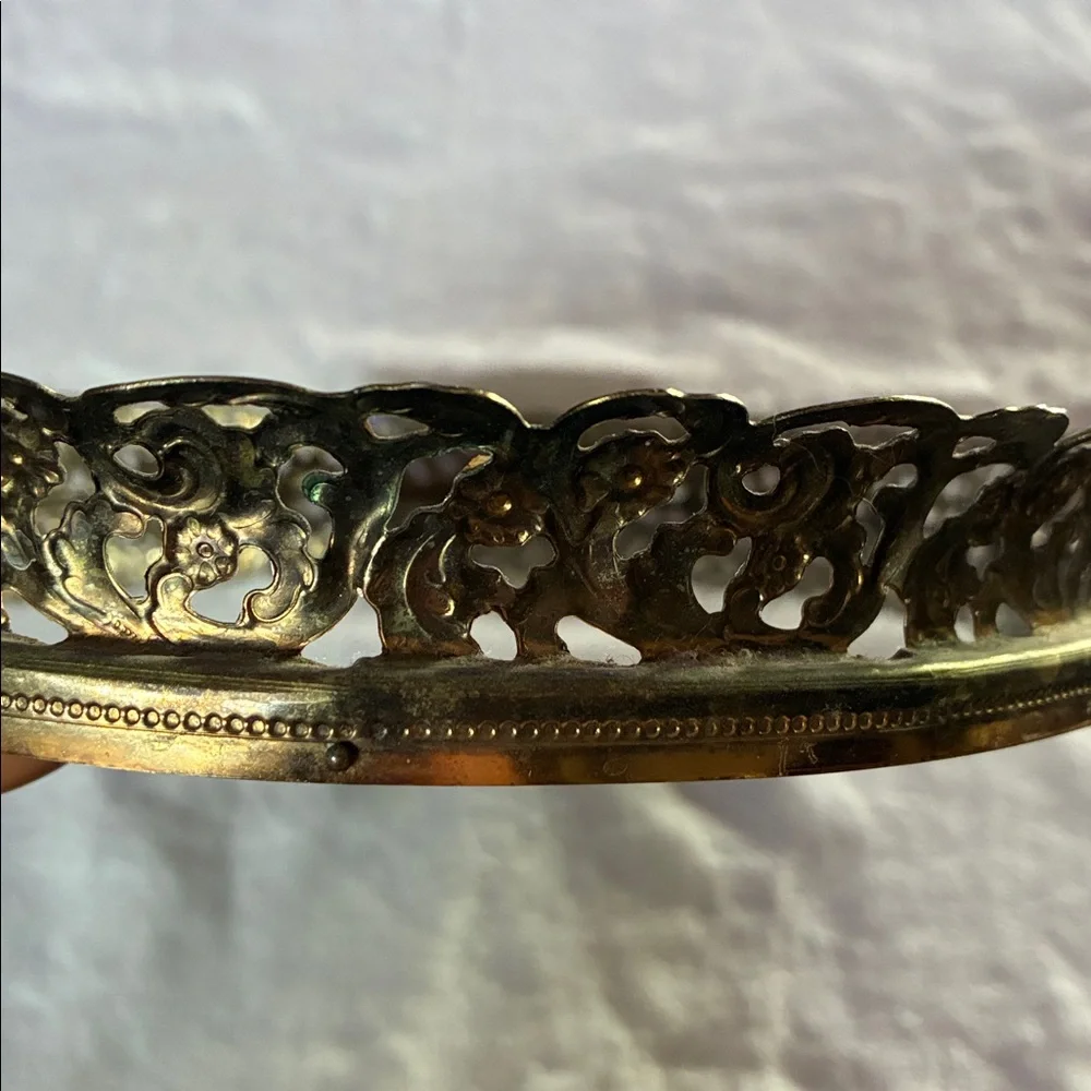 Mirrored vanity tray ornate reticulated brass filigree frame Around Oval Mirror